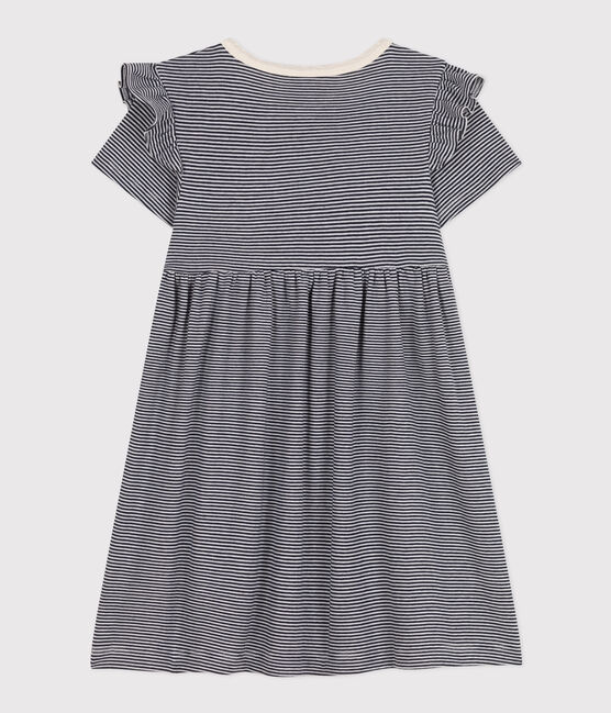 Meisjesjurk met streepjes en korte mouwen in katoen blauw SMOKING/wit MARSHMALLOW