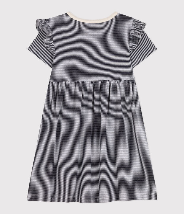 Robe ray&eacute;e manches courtes en coton enfant fille bleu/blanc