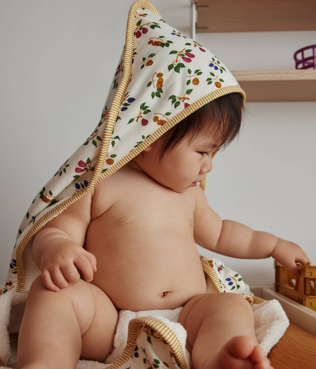 Badcape en washandje met vruchtenprint voor baby's wit/geel/multicouleur