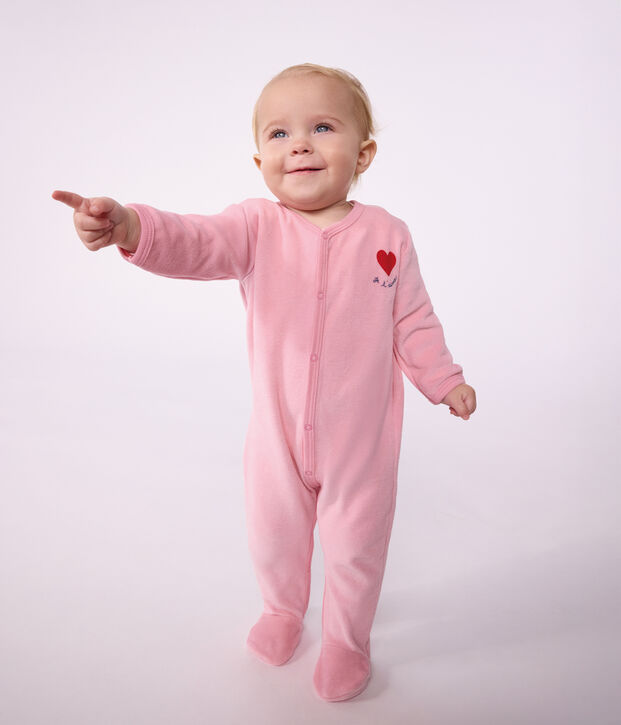 Pyjama b&eacute;b&eacute; en velours uni avec motif plac&eacute; rose