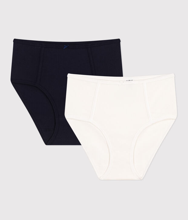 Set van 2 damesslipjes met hoge taille in elastische katoen multicouleur