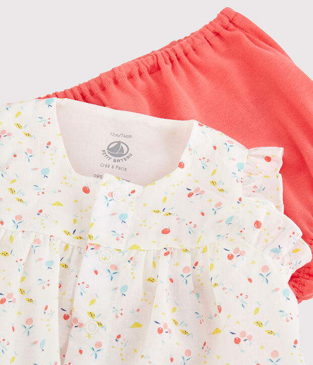 Ensemble 2 pi&egrave;ces fleuri b&eacute;b&eacute; fille en cha&icirc;ne et trame et  coton biologique blanc/multicouleur