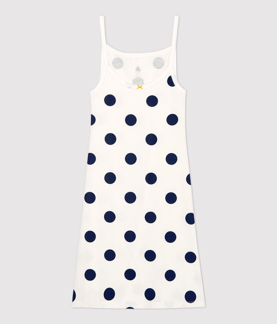 Katoenen Damesjurk met spaghettibandjes en stippen wit MARSHMALLOW/blauw MEDIEVAL