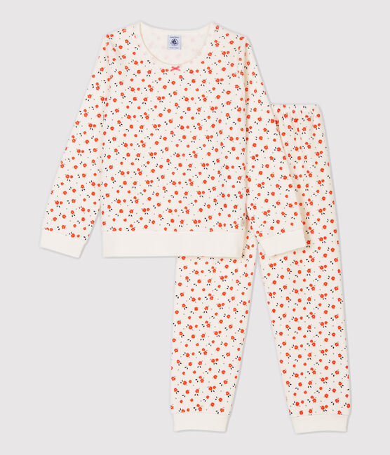 Fluwelen meisjespyjama met bloemenprint wit MARSHMALLOW/wit MULTICO