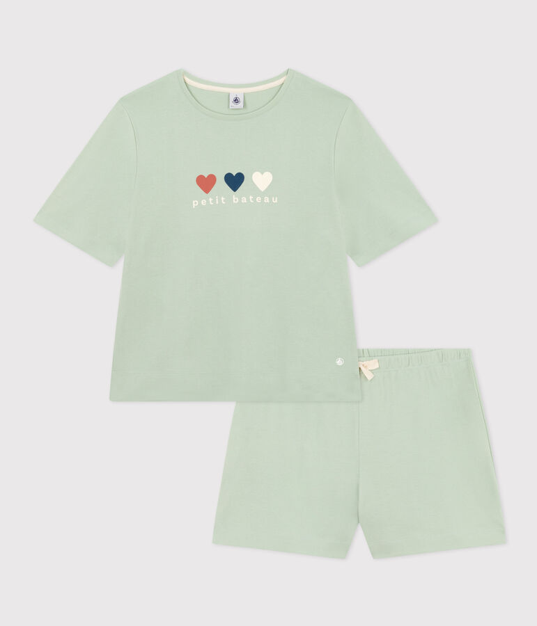 Korte pyjama en T-shirt van effen katoen voor dames groen