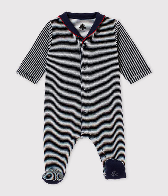 Fluwelen pyjama met milleraies strepen voor babyjongens blauw SMOKING/wit MULTICO