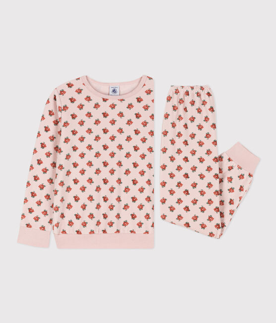 Fluwelen meisjespyjama met bloemetje roze SALINE/wit MULTICO