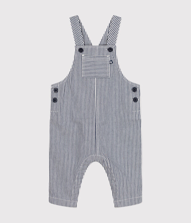 Salopette longue en toile b&eacute;b&eacute; bleu/blanc