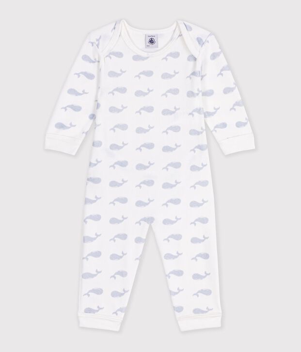 Pyjama b&eacute;b&eacute; en velours ouverture sans pression imprim&eacute; baleine blanc/bleu