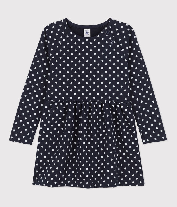 Meisjesjurk met stippen en met lange mouwen in molton blauw/ecru