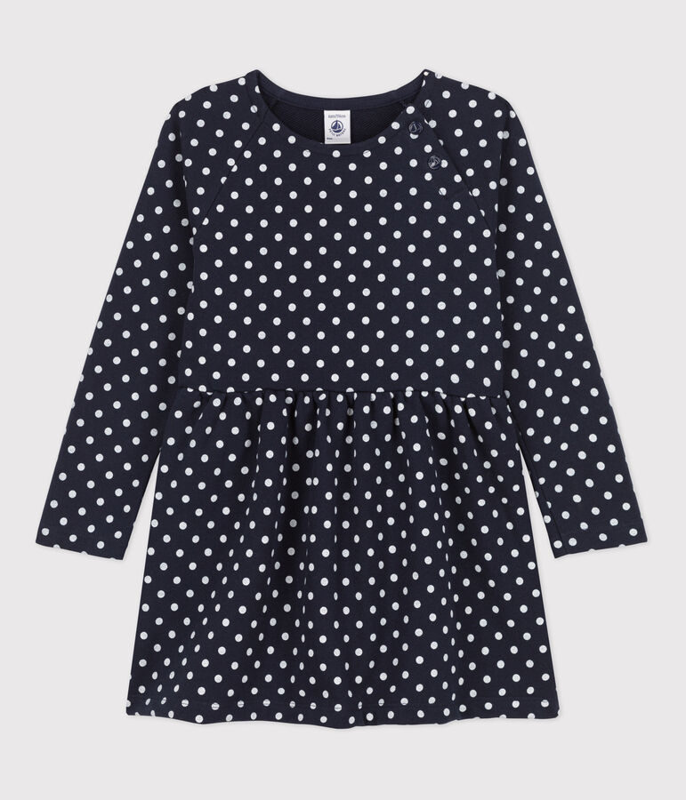 Robe &agrave; pois manches longues en molleton enfant fille bleu/&eacute;cru