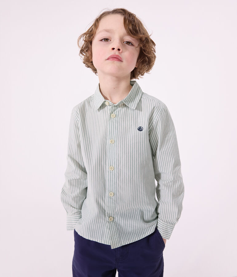 Chemise enfant en coton manches longues &agrave; rayures vert/blanc