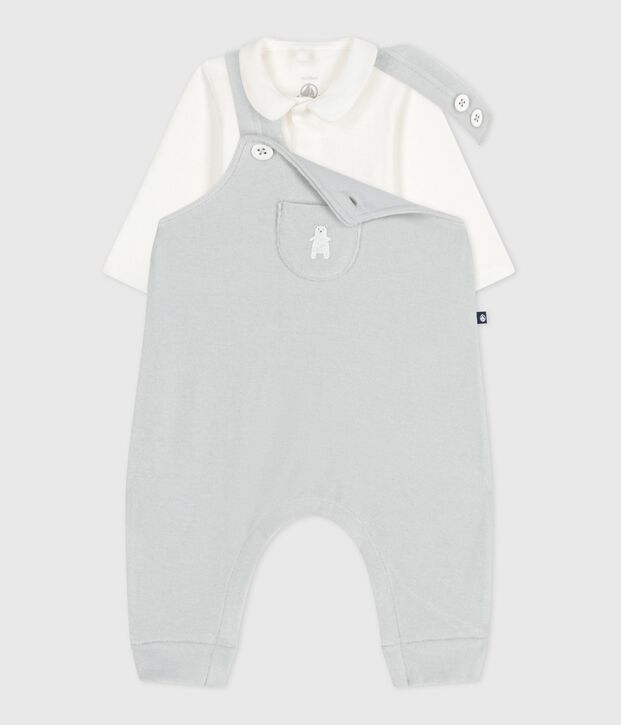 Effen katoenen babysetje met salopette, verfraaid met verfijnde details blauw/wit
