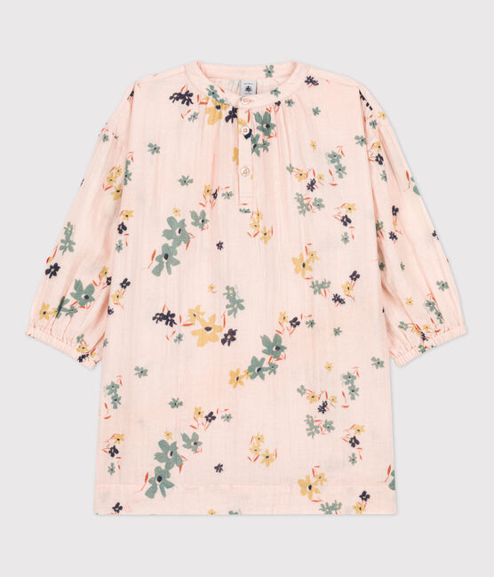 Robe manches longues en gaze de coton enfant fille rose SALINE/blanc MULTICO