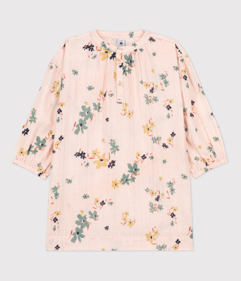 Robe manches longues en gaze de coton enfant fille rose SALINE/blanc MULTICO