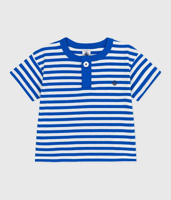 Katoenen T-shirt met korte mouwen en streepjes voor baby's blauw PORCELANA/ MARSHMALLOW