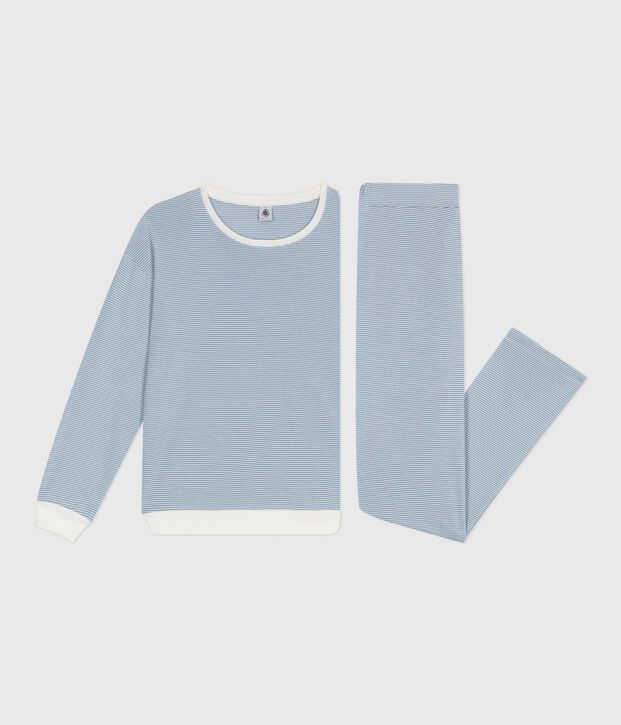 Pyjama femme en coton &agrave; rayures bleu/blanc