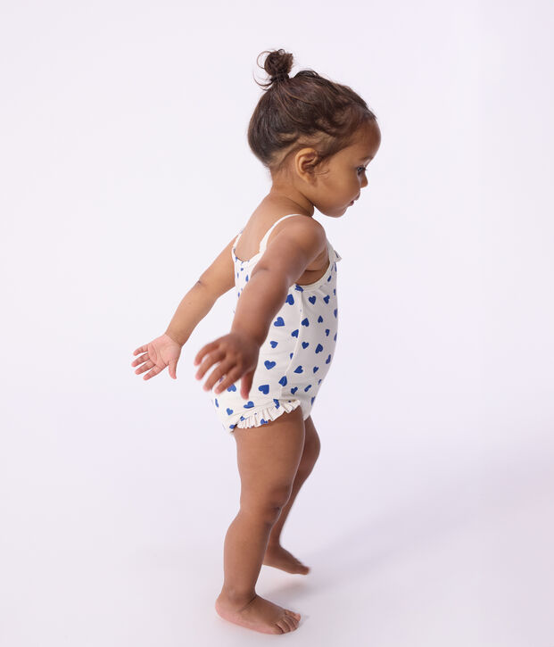 Maillot de bain b&eacute;b&eacute; une pi&egrave;ce &agrave; volants, imprim&eacute; c&oelig;urs blanc/bleu