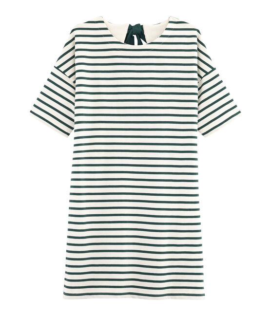 Jurk met korte mouwen vrouwen beige COQUILLE/groen SOUSBOIS