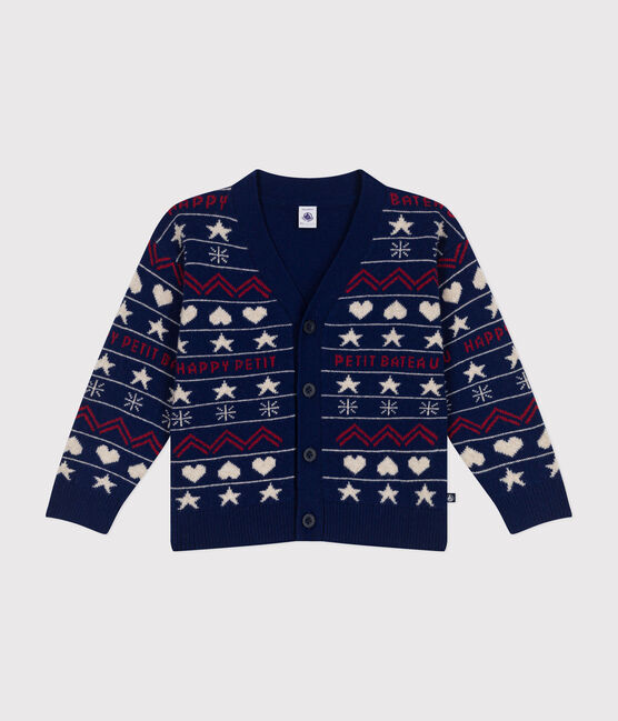 Jacquardgebreid vest in wol/katoen voor jongens blauw MEDIEVAL/wit MULTICO