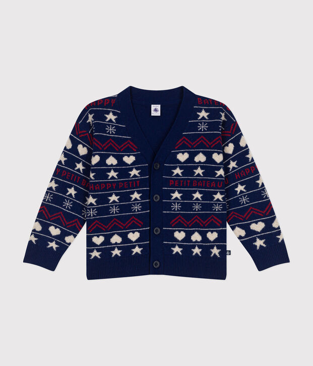 Jacquardgebreid vest in wol/katoen voor jongens blauw/multicouleur