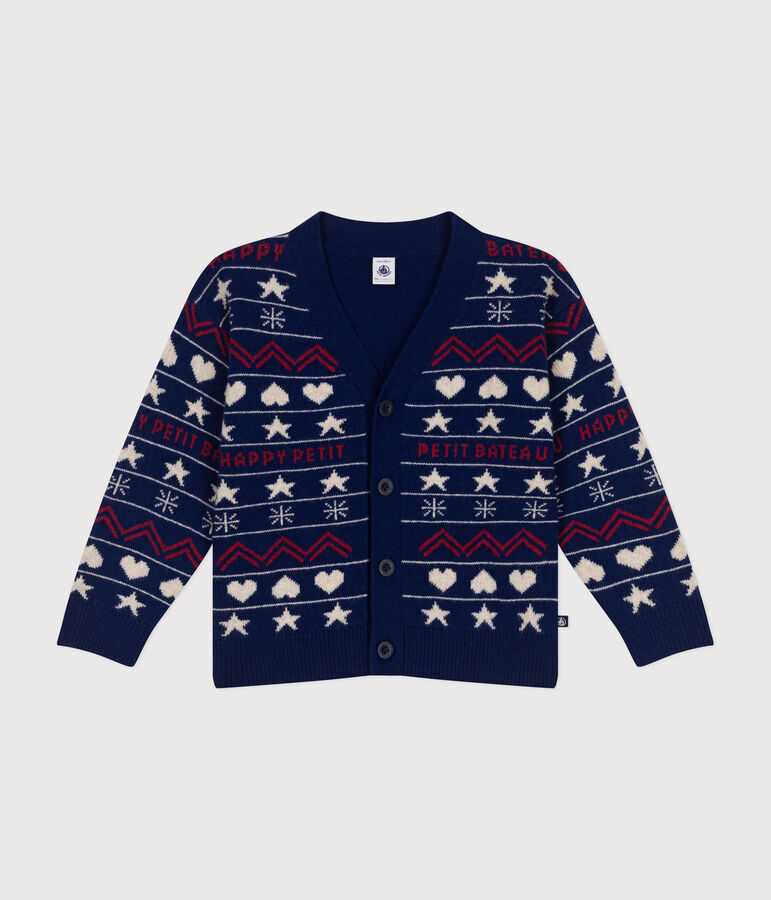 Jacquardgebreid vest in wol/katoen voor jongens blauw/multicouleur