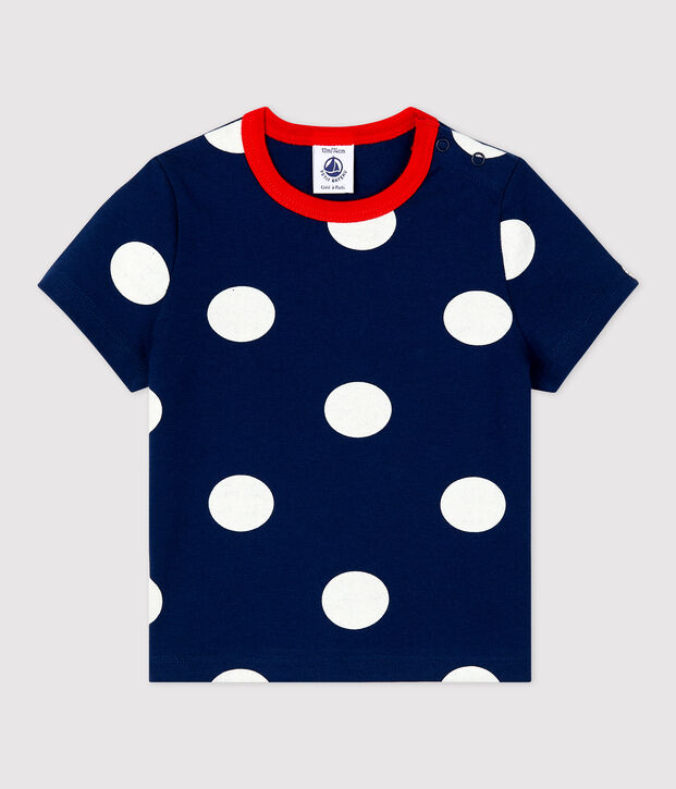 T-shirt met korte mouwen en stippenprint in jerseystof voor baby's blauw/wit
