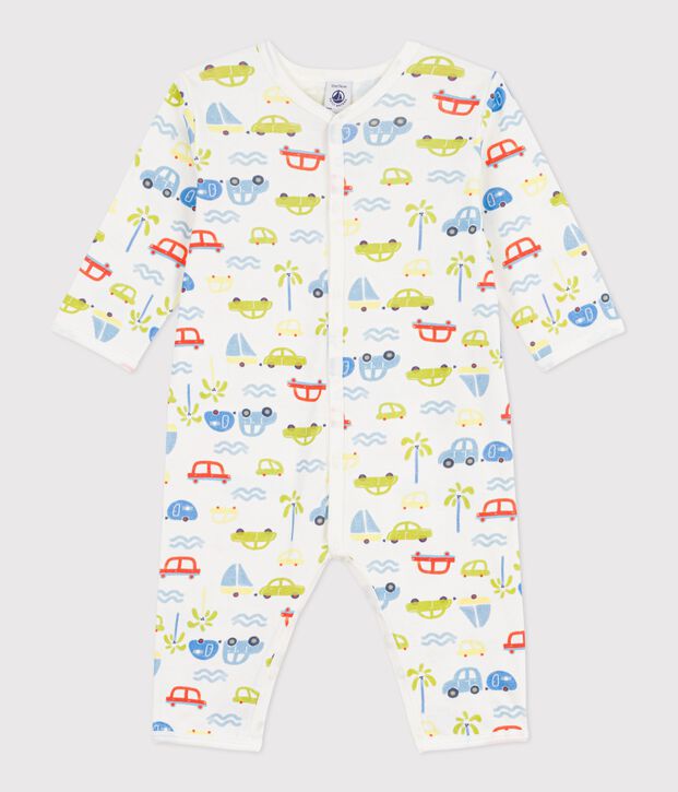 Katoenen babypyjama zonder voetjes met autootjesprint wit/multicouleur