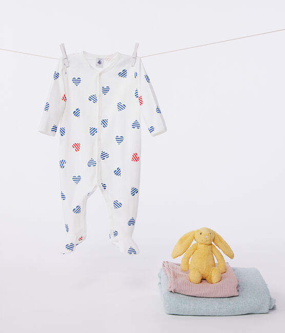 Katoenen babypyjama met gestreepte hartjesprint wit MARSHMALLOW/wit MULTICO