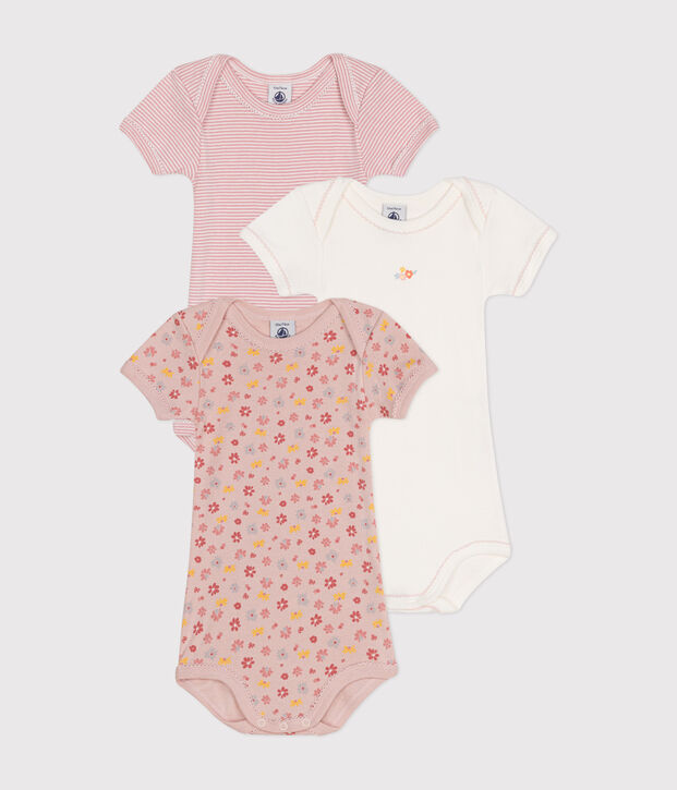 Lot de 3 bodies manches courtes fleurs en coton b&eacute;b&eacute; multicouleur