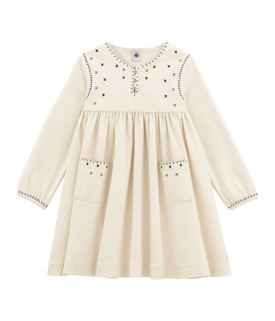 Robe enfant fille manches longues brodées blanc MARSHMALLOW