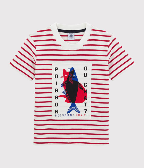 Tee-shirt manches courtes en jersey enfant garçon blanc MARSHMALLOW/rouge TERKUIT