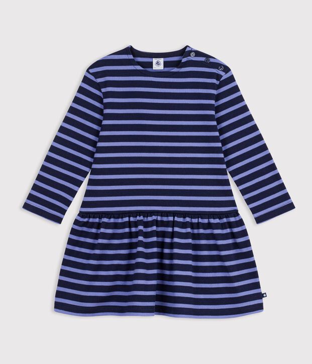 Robe enfant en coton manches longues &agrave; rayures bleu/violet