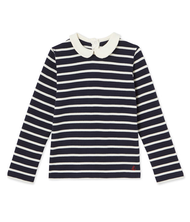 T-shirt fille manches longues ray&eacute; bleu/blanc