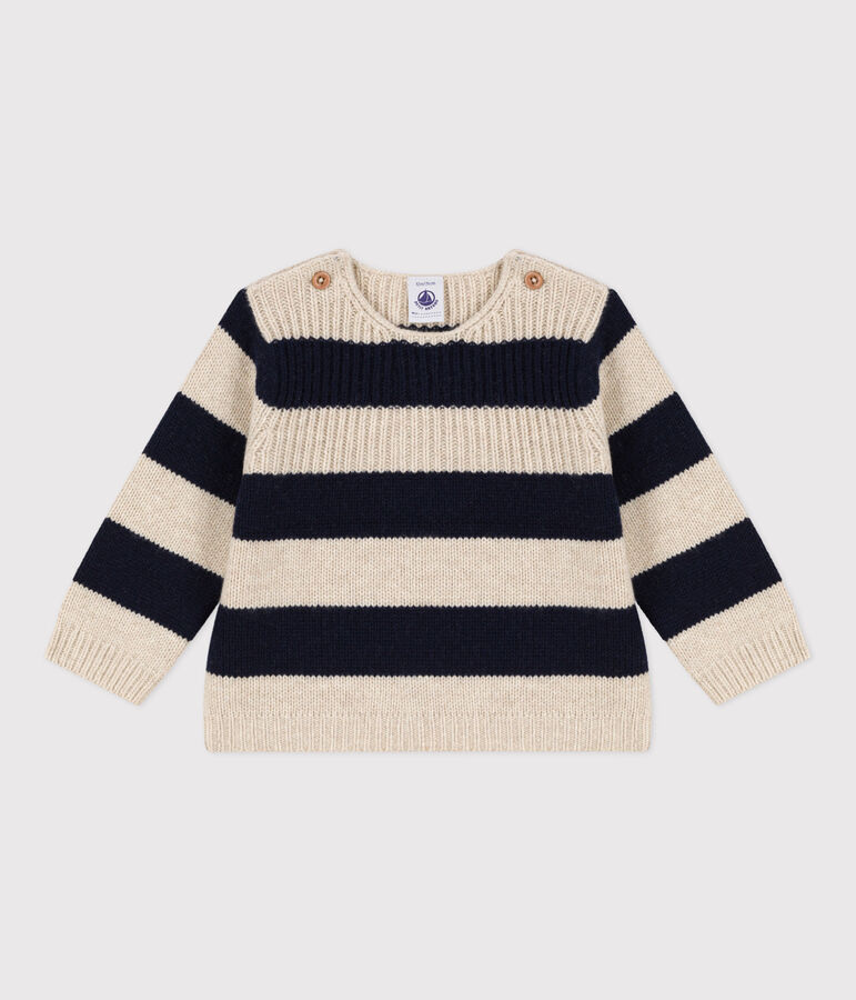 Gebreide trui in wol/katoen voor baby's wit AVALANCHE/blauw SMOKING