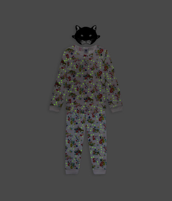 Lichtgevende verkleedpyjama met panternmasker van katoen voor kinderen wit MARSHMALLOW/wit MULTICO
