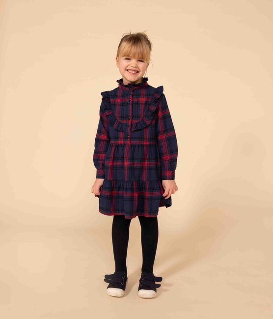 Geruite katoenen flanellen meisjesjurk met lange mouwen blauw SMOKING/wit MULTICO