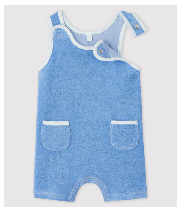 Salopette courte bleue b&eacute;b&eacute; en bouclette &eacute;ponge de coton biologique bleu