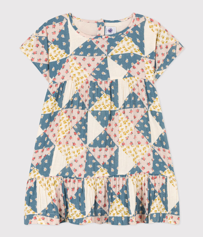 Meisjesjurk met korte mouwen in zacht katoen ecru/multicouleur