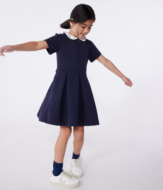 Robe enfant en coton manches courtes unie bleu SMOKING