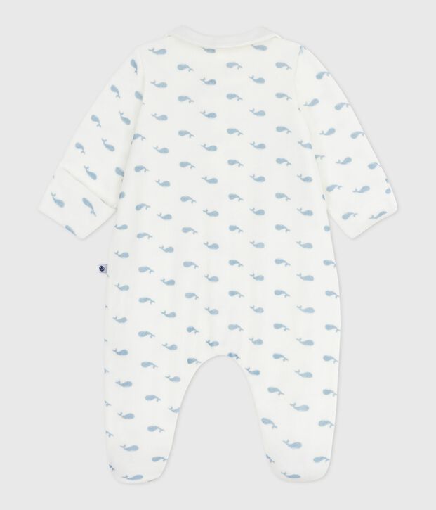 Pyjama b&eacute;b&eacute; en velours &agrave; col imprim&eacute; baleines blanc/bleu