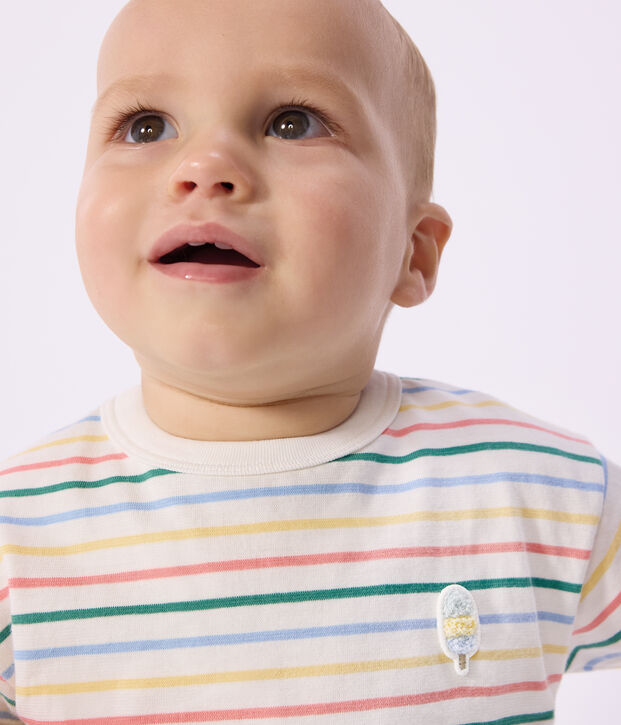 Tee-shirt b&eacute;b&eacute; en coton manches courtes, ray&eacute; blanc/multicouleur