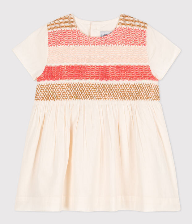 Robe manches courtes b&eacute;b&eacute; &agrave; smocks &eacute;cru/multicouleur