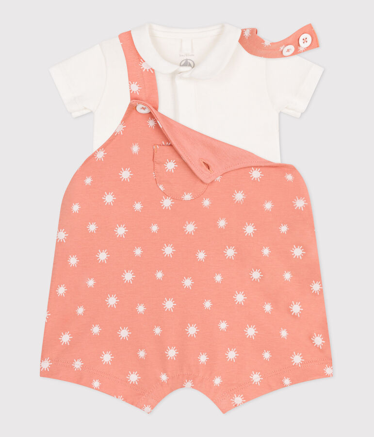 Ensemble naissance salopette en coton imprim&eacute; soleils et body orange/blanc