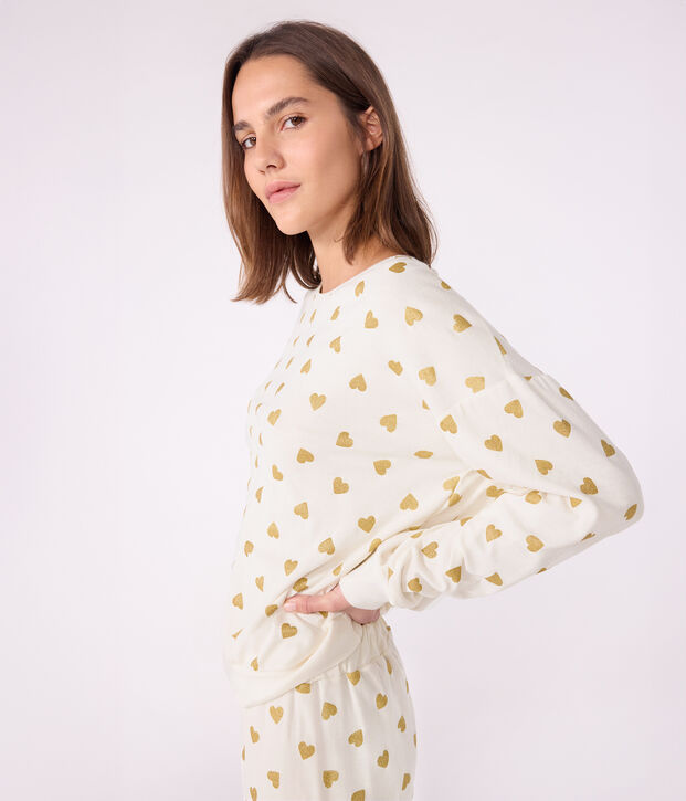 Pyjama femme en coton imprim&eacute; c&oelig;urs dor&eacute;s &eacute;cru/jaune