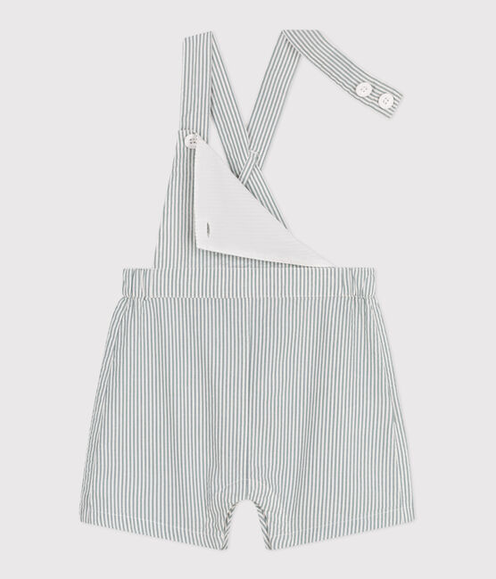 Gestreepte salopette met korte pijpen van katoen voor baby's wit MARSHMALLOW/blauw BRUT