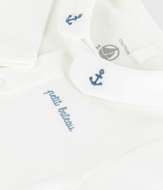 Babybody met geborduurd kraagje en opschrift op de borst wit/blauw
