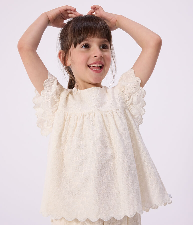 Blouse enfant en coton manches courtes motifs c&oelig;urs blanc MARSHMALLOW