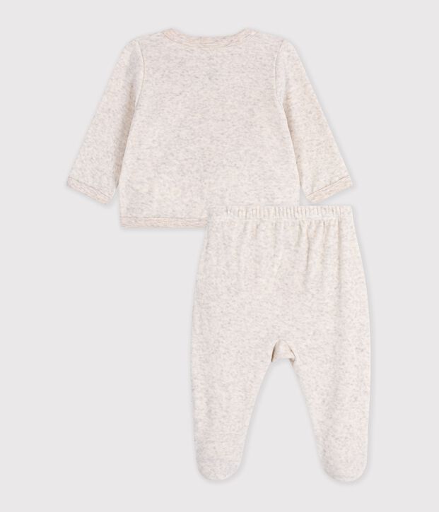 Ensemble b&eacute;b&eacute; en coton brod&eacute; poitrine uni beige chin&eacute;