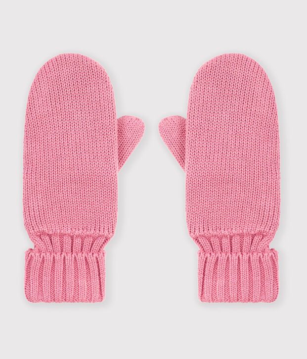 Moufles enfant en tricot unies doubl&eacute;es polaire rose